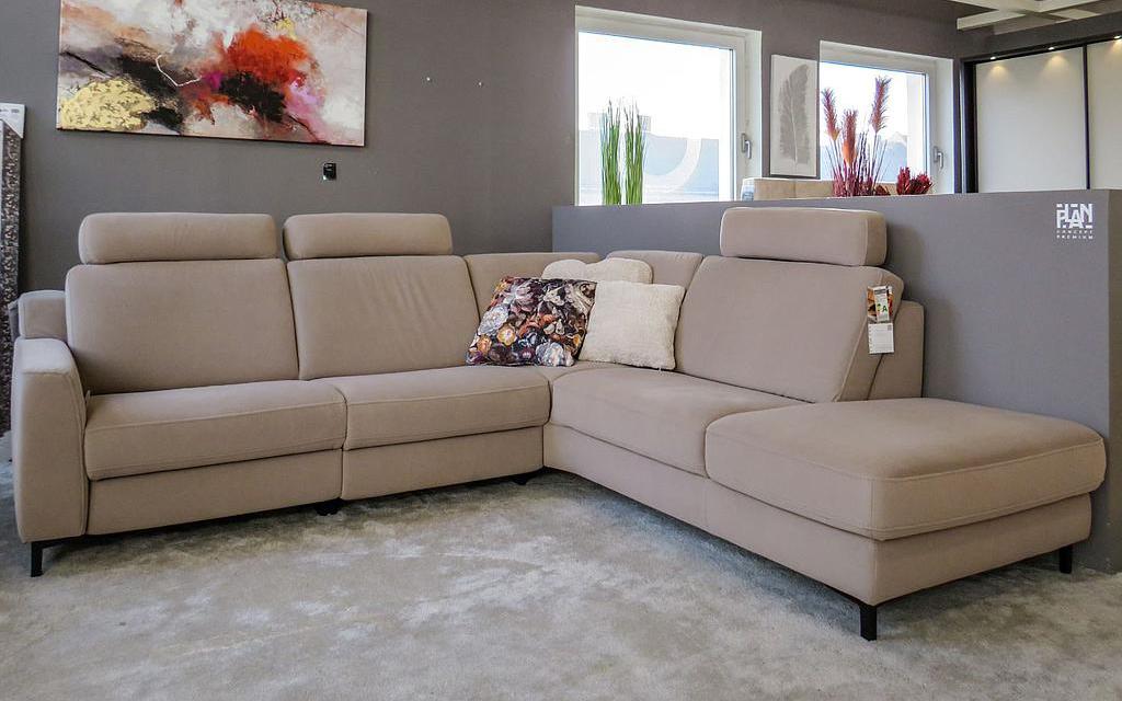Sofastyle sarokgarnitúra, 264x235 cm, Enoa Gravel Aqua Clean szövettel, 2 db relax funkcióval, tárolós ottománnal, állítható fejtámlákkal