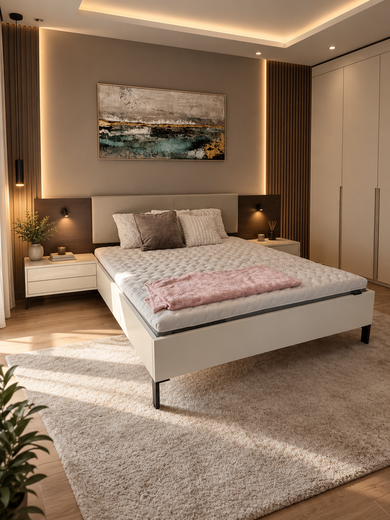 LOTUS Franciaágy szett, világítással, USB csatlakozóval - 310x207x110 cm / 180x200 cm, Szürke fejvég Pure Mandula párnával, Fehér keret, Fekete láb